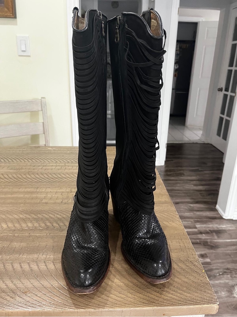 Cuadra Handcrafted Black Python Leather Knee-High Fringe Boots - Mint Condition